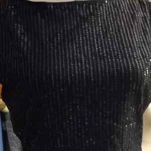 New,tag,sequin navy blue boat neck,cap sleeve top with low back,100% poly.size m